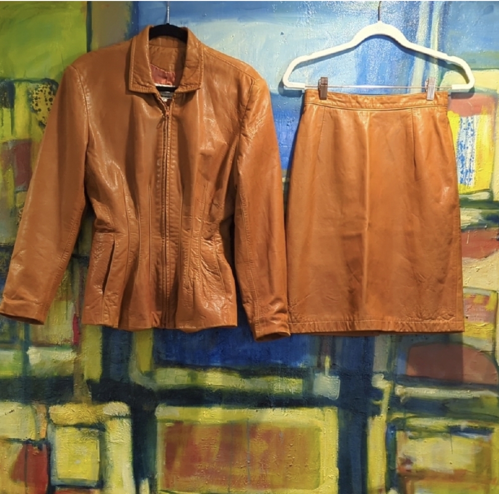 Maxima For Neiman Marcus Vintage Tan Leather Jacket and Skirt Set Women's Size 6